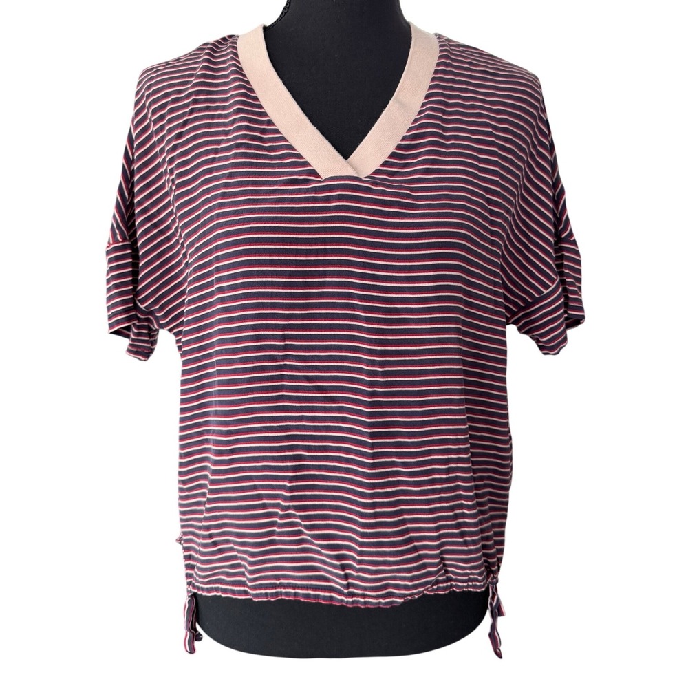 V Neck Red Blue Striped 100% Silk Short Sleeve Blouse Top Size L Retro Summer
